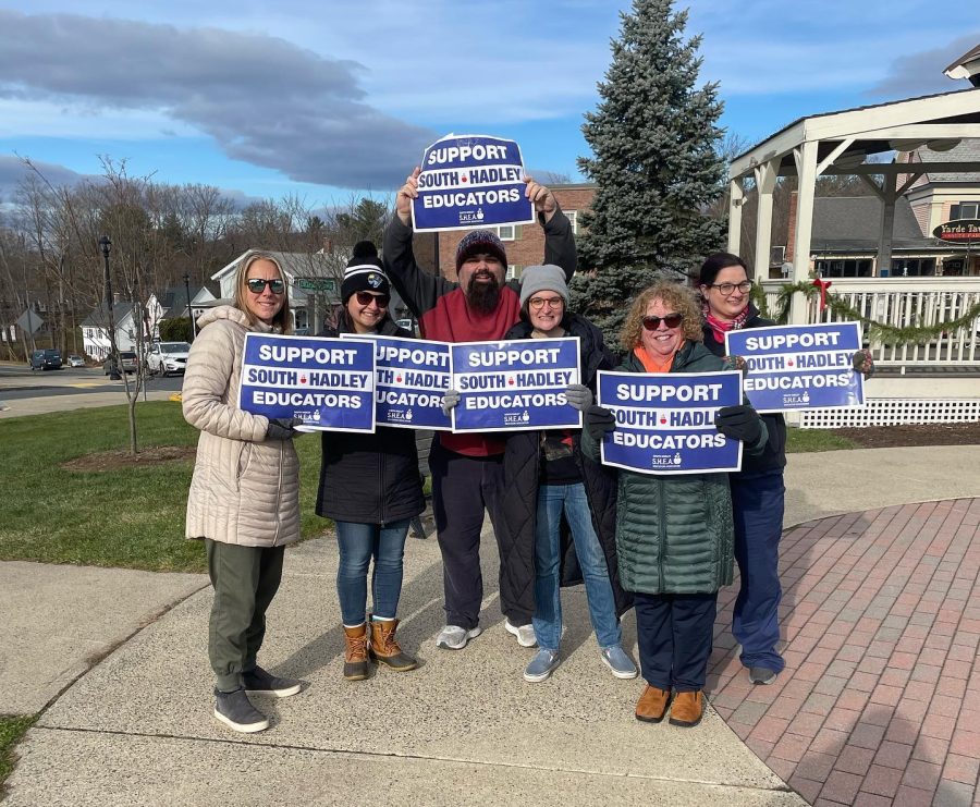 Members of the South Hadley Education Association gathered at the Town Commons for a rally on December 4.